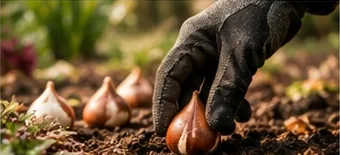 Hand met tuinhandschoen plant bloembollen in losse aarde