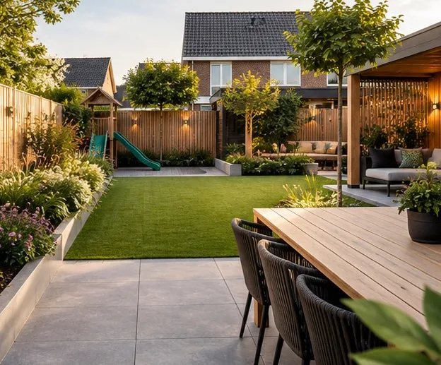 Achtertuin met een lichtgrijs terras, houten tafel, borders met vaste planten en een gazon tot aan een houten schutting